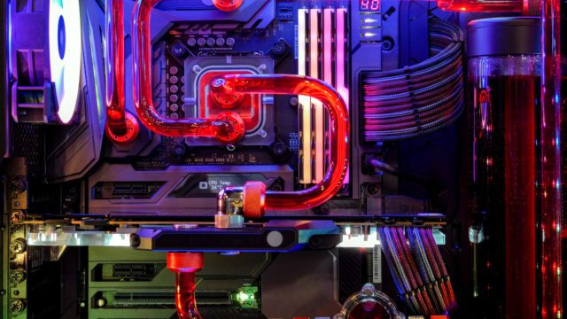 Desktop PC Gaming and water cooling cpu with LED RGB light show status on working mode